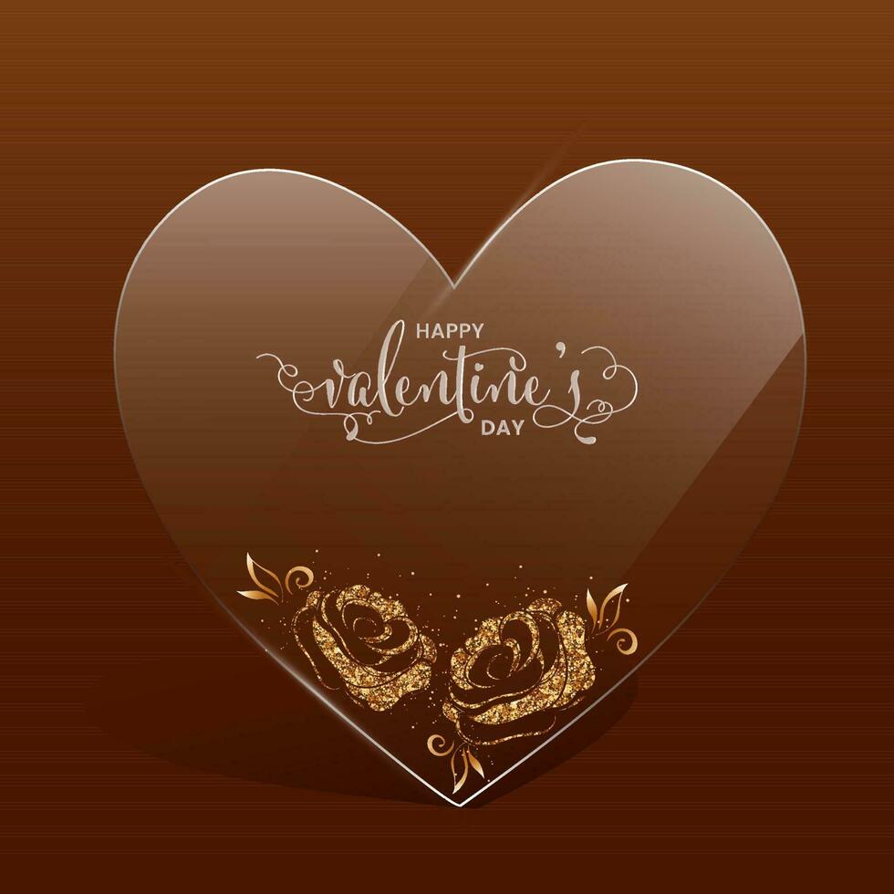 Happy Valentine's Day Font With Golden Glittering Rose Flowers Over Transparent Or Glass Heart Shaped Frame. vector