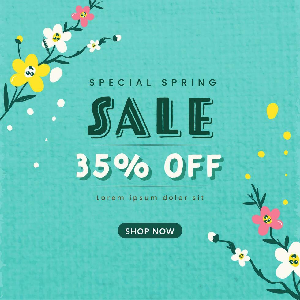 Spring Sale Poster Design With Discount Offer And Floral On Blue Jute Texture Background. vector