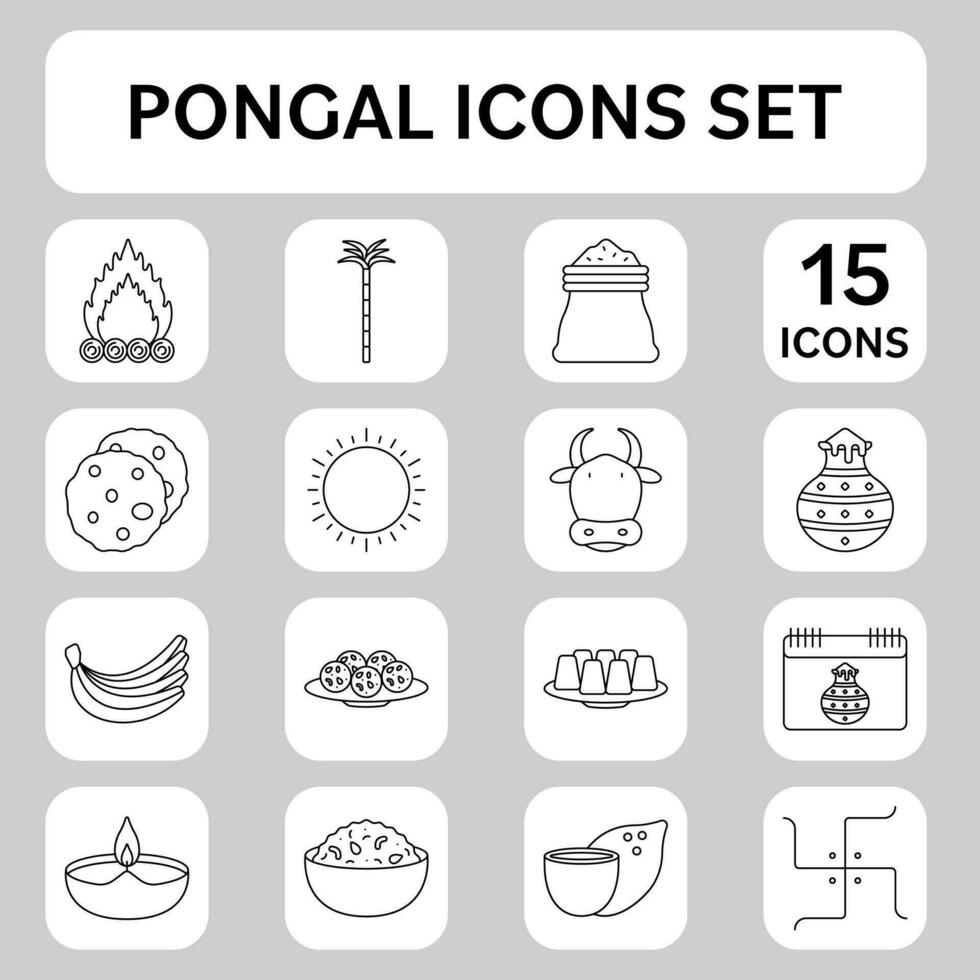 Black Outline 15 Pongal Icon Set On White And Grey Sqaure Background. vector