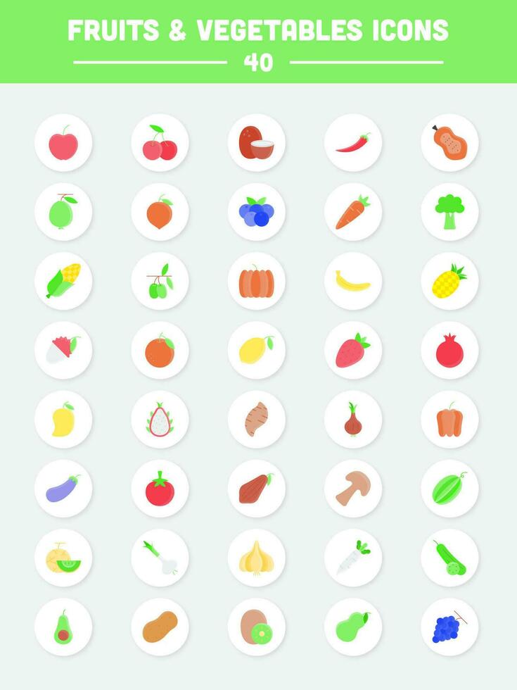 Fruit Vegetable Colorful Icon Set On Circle Background. vector