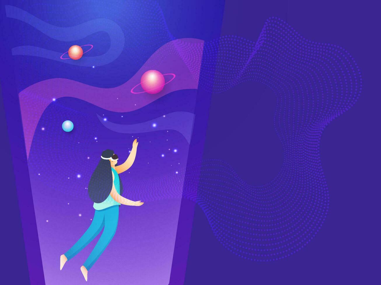 Young Girl Imaginary Universe Through VR Glasses On Violet Abstract Waves Background. vector