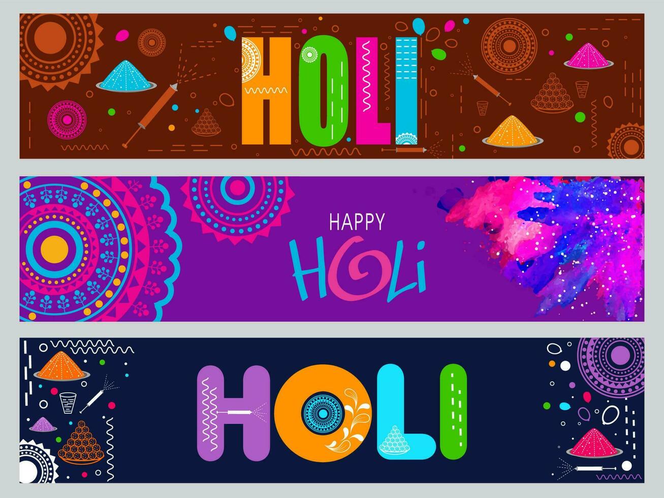Holi Celebration Banner Or Header Design In Three Color Options. vector