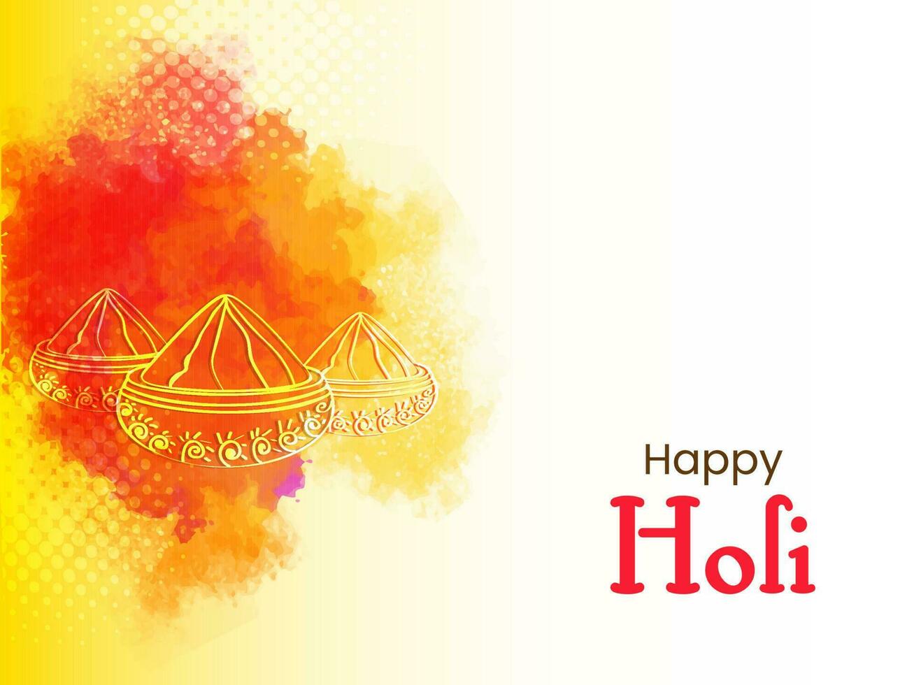 Red And Yellow Watercolor Splash With Halftone Effect, Linear Bowls Full Of Powder On White Background For Happy Holi Celebrate. vector