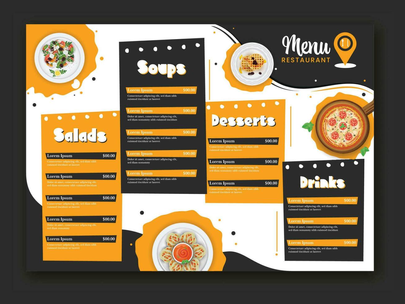 Restaurant Menu Card Template Or Tri-Fold Brochure Layout With Menu Details For Publishing. vector