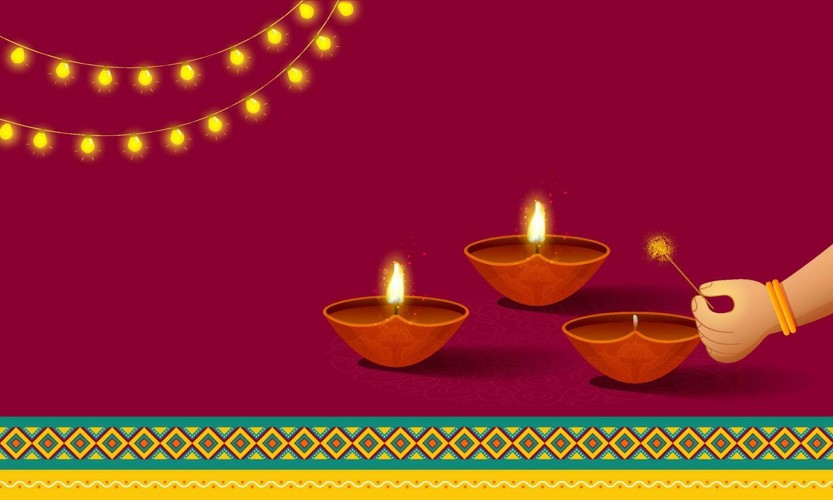 Female Hand Burning Diya From Firecracker Stick And Lighting Garland On Red Background With Copy Space. vector