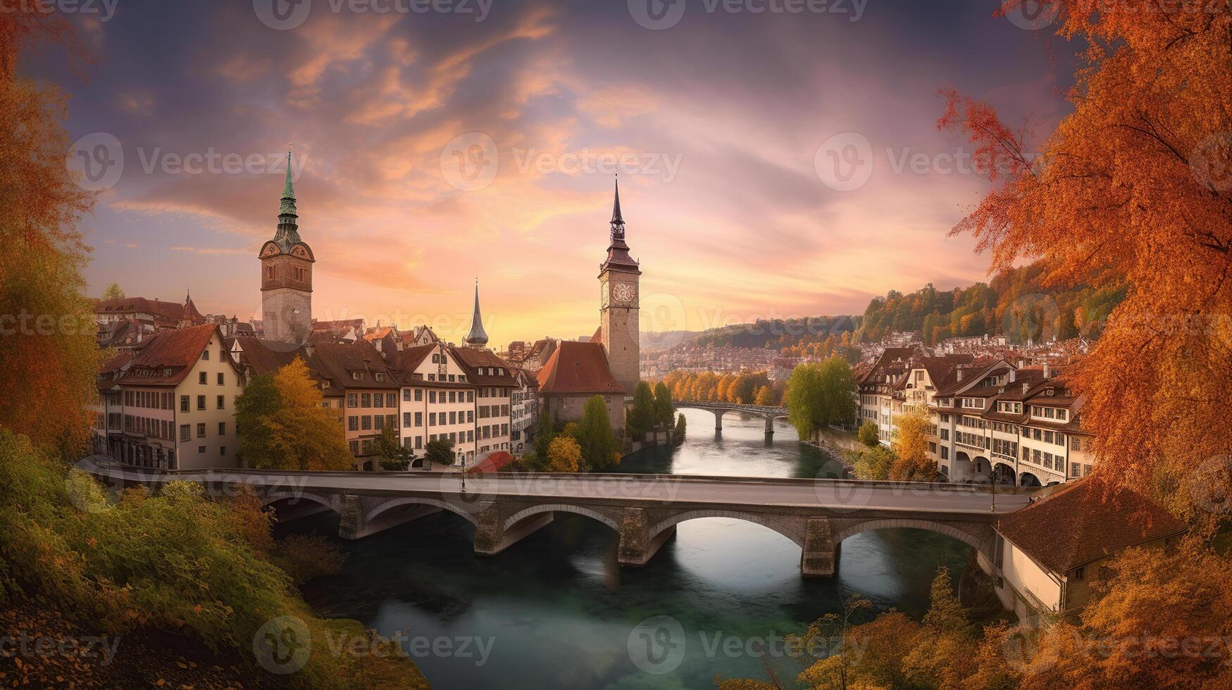 increíble vívido paisaje urbano escénico ver histórico antiguo pueblo con vistoso cielo, con dramático atardecer, generativo ai foto