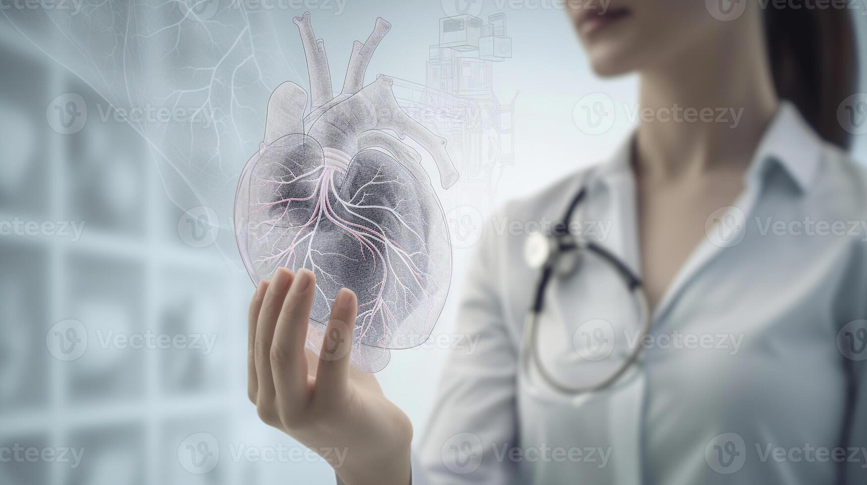 Female doctor holding virtual volumetric drawing of Heart in hand. Handrawn human organ, copy space on right side, grey hdr color. Healthcare hospital service concept, photo