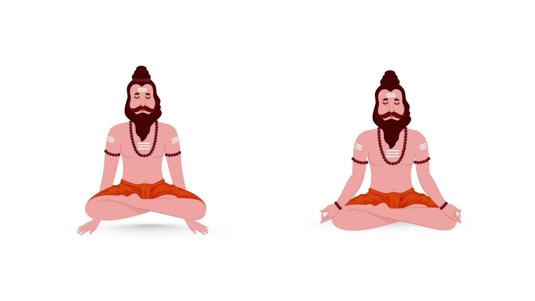 Two Images Of Indian Sage Sadhu Meditating Against White Background. vector