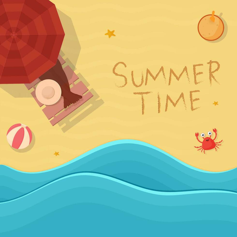 Summertime Poster Design With Top View Of Sun Lounger, Sand Bucket, Crab On Beach Side Background. vector