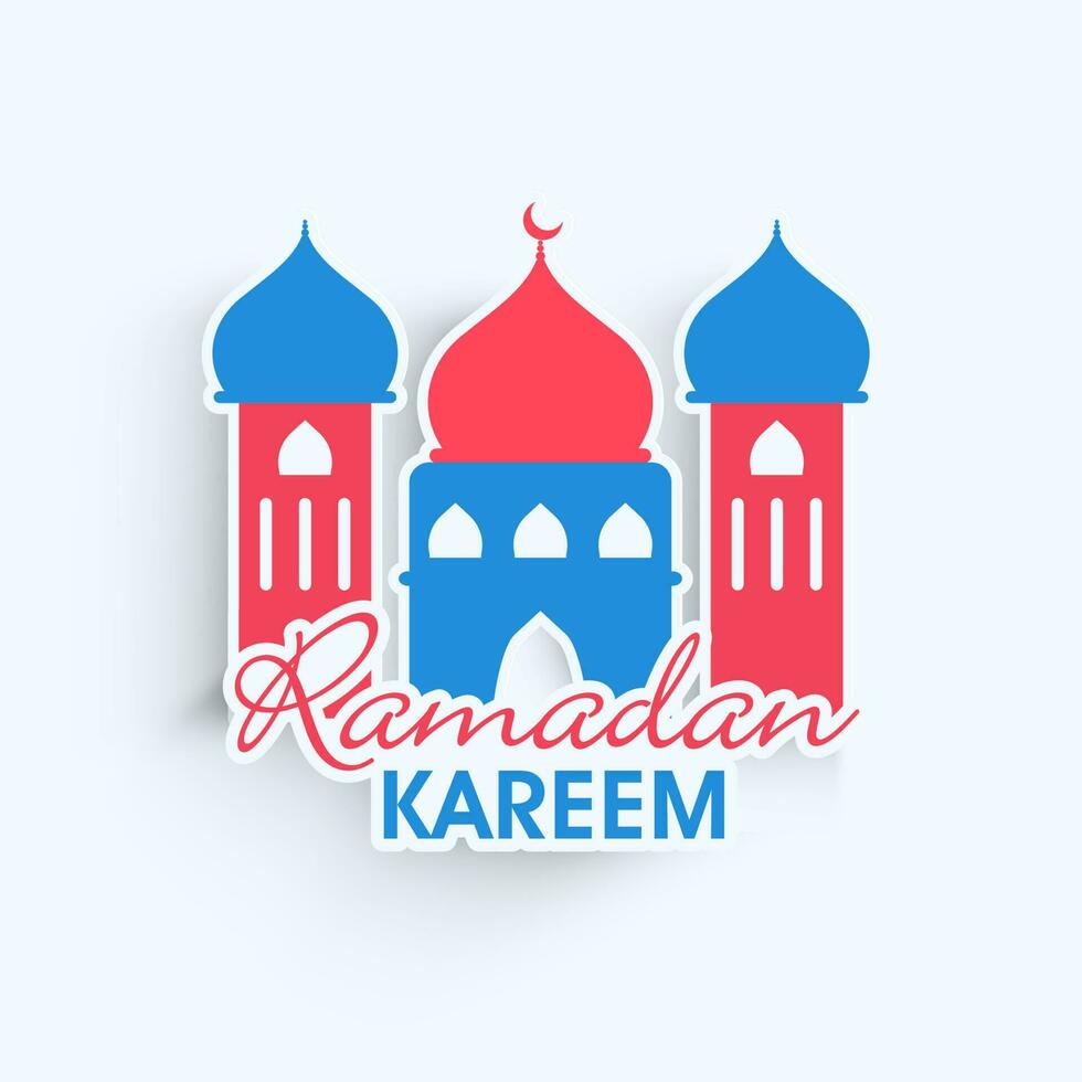 Sticker Style Ramadan Kareem Font With Mosque On White Background. vector