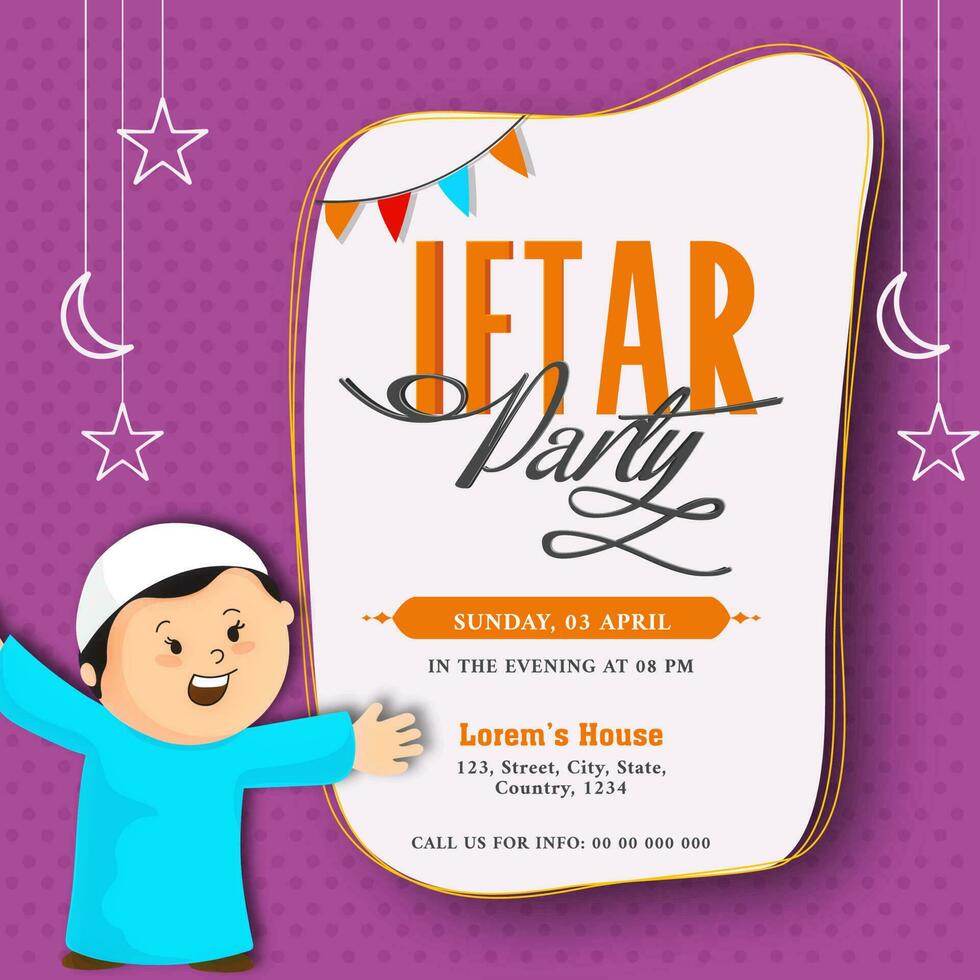 Iftar Party Invitation Card With Cheerful Islamic Boy Character And Event Details On White And Purple Dotted Background. vector
