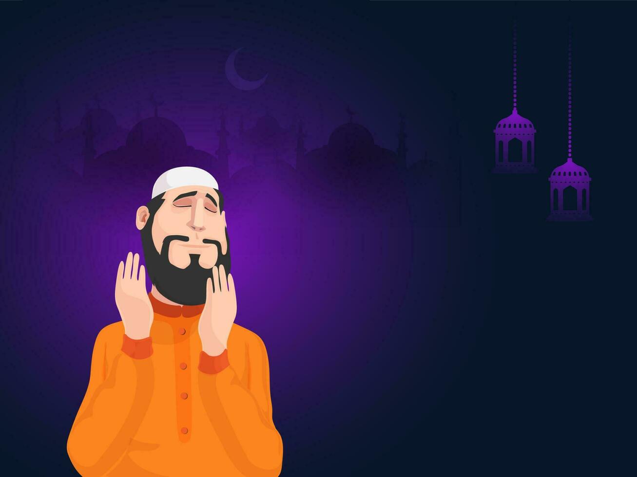 Islamic Man Offering Prayer Namaz And Hanging Lanterns On Purple And Blue Silhouette Mosque Background With Space For Text Message. vector