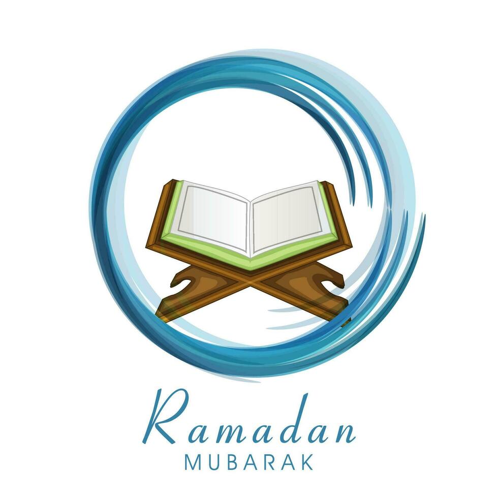 Ramadan Mubarak Font With Open Holy Quran Book At Rehal And Circular Blue Brush Effect On White Background. vector