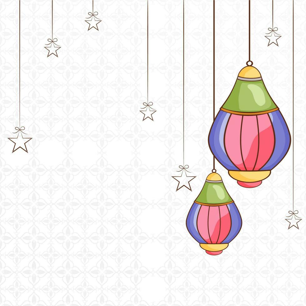 Colorful Lanterns With Stars Hang Decorated On White Arabic Pattern Background For Islamic Festival Celebration. vector