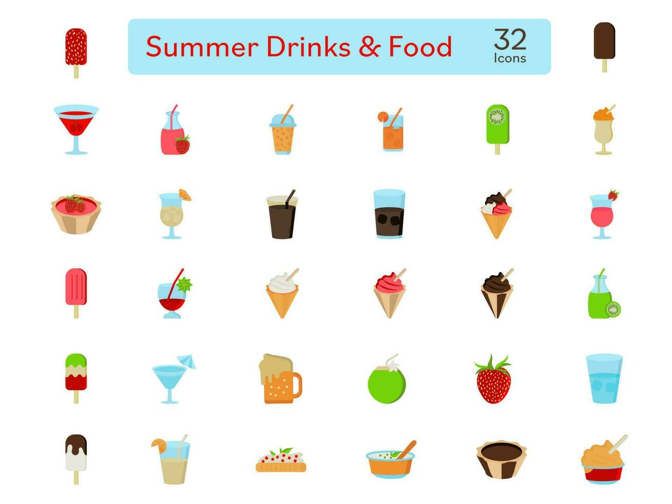 verano bebidas comida vistoso icono conjunto en plano estilo. vector