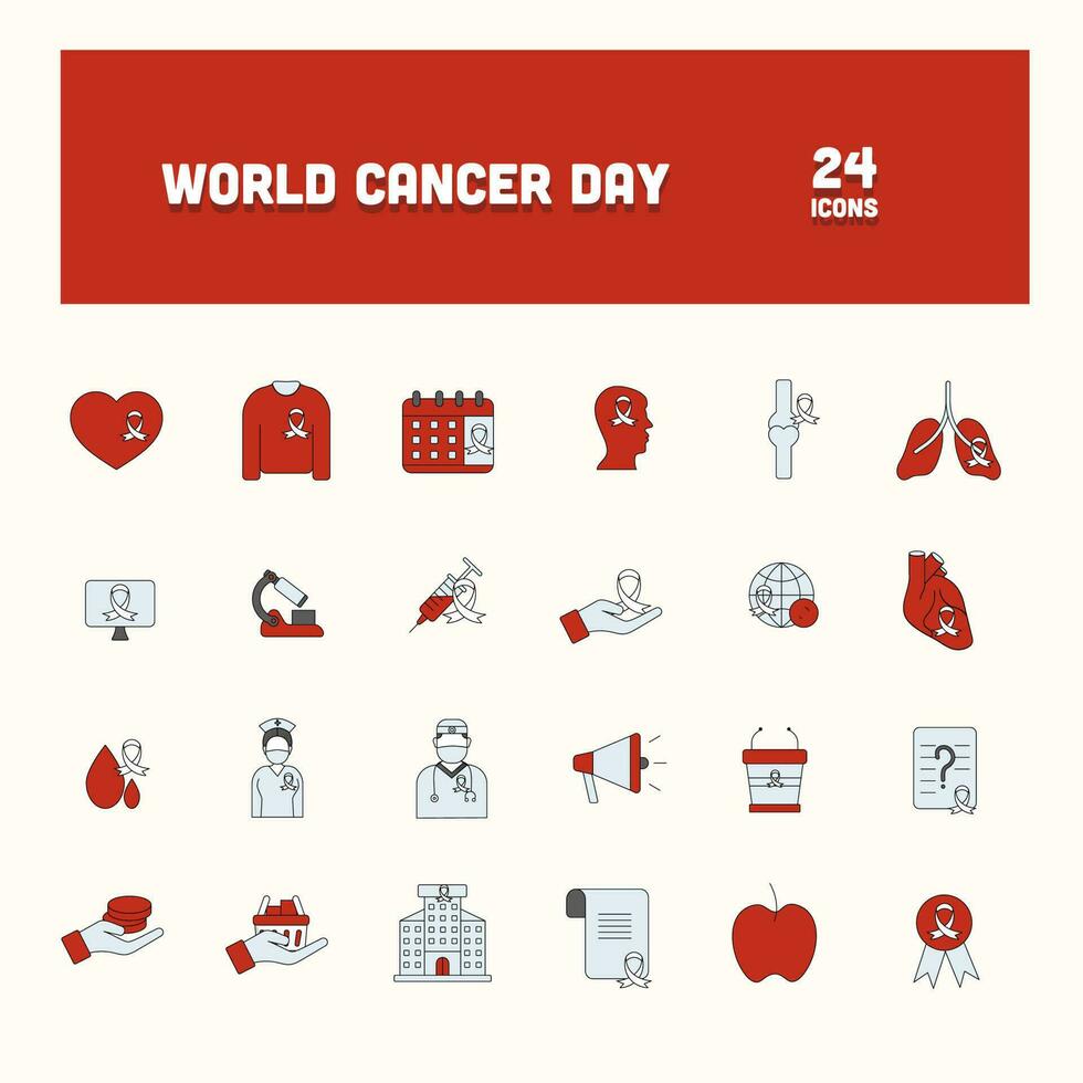 Flat Style World Cancer Day Blue And Red Icon Set. vector