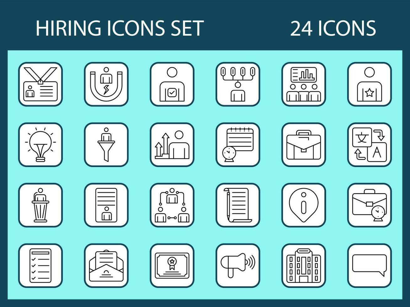 Thin Line Art Hiring Icon Set On Square White And Turquoise Background. vector