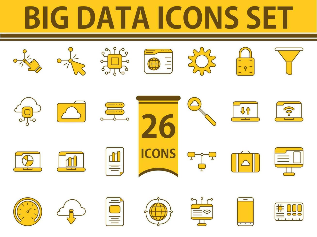 Yellow And White Color Set Of Big Data Icon In Flat Style. vector