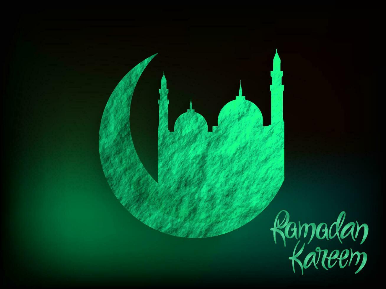 Ramadan Kareem Font With Grungy Crescent Moon, Mosque On Blurred Black And Green Background. vector