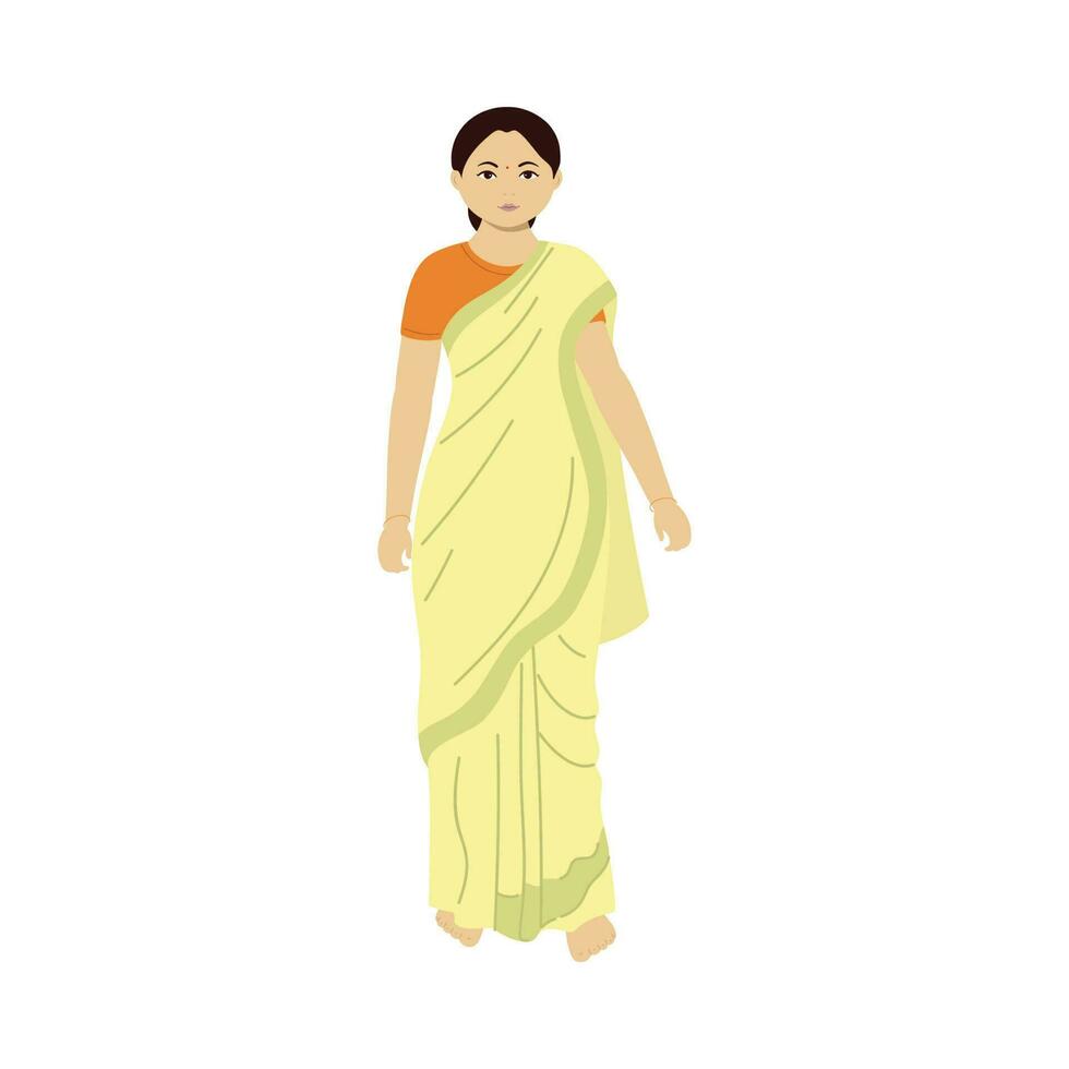 Character Of Indian Woman Wearing Saree In Standing Pose On White Background. vector