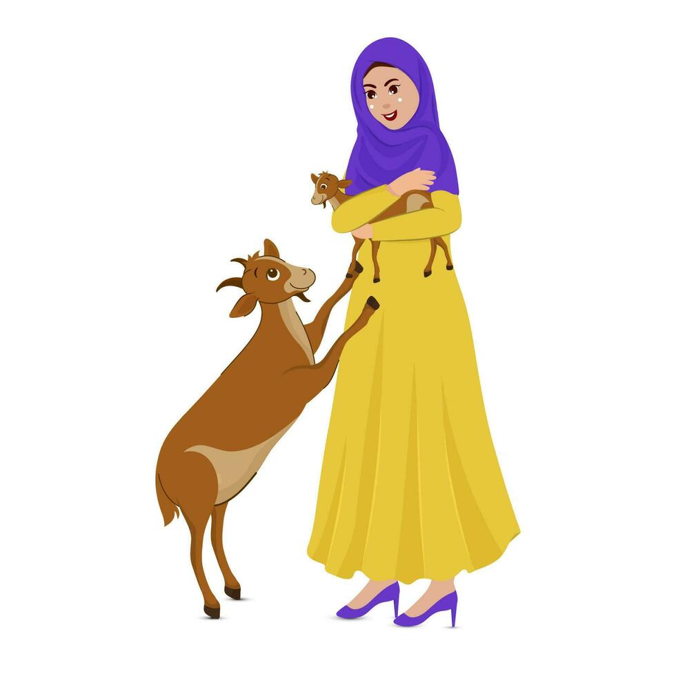 Islamic Young Lady Holding Baby Goat In Standing Pose. vector