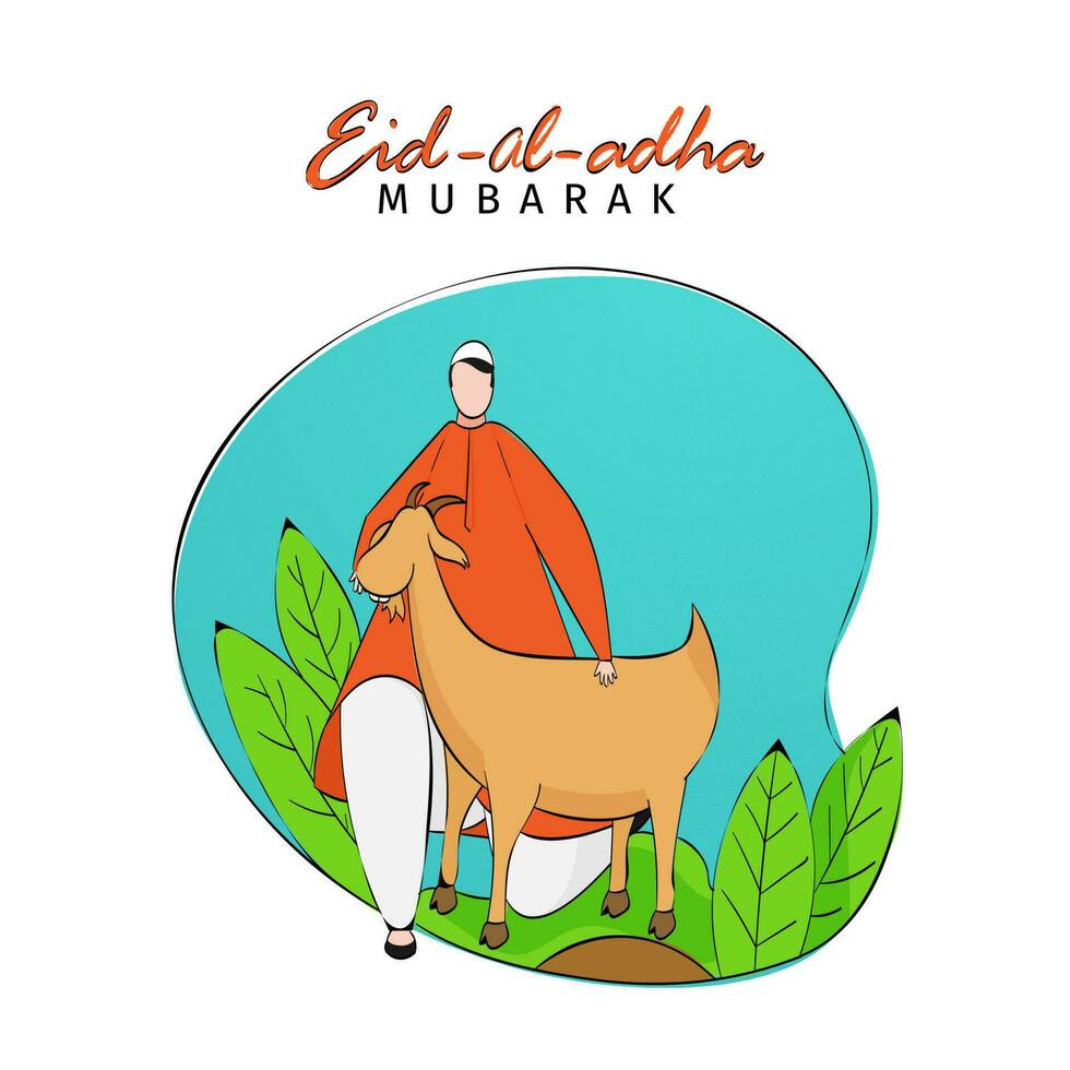 eid Alabama adha Mubarak saludo tarjeta con islámico hombre participación cabra, hojas en azul y blanco antecedentes. vector