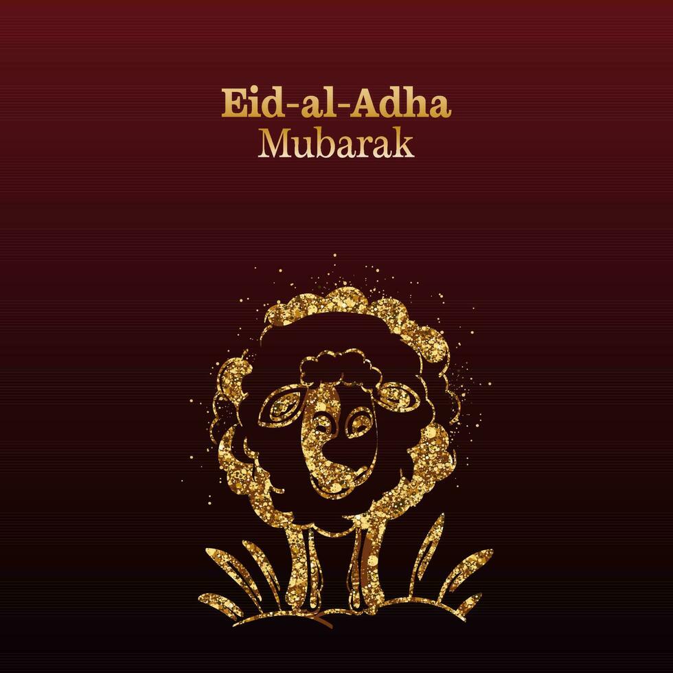 Golden Eid Al Adha Mubarak Font With Glittering Effect Sheep Against Dark Red Background. vector