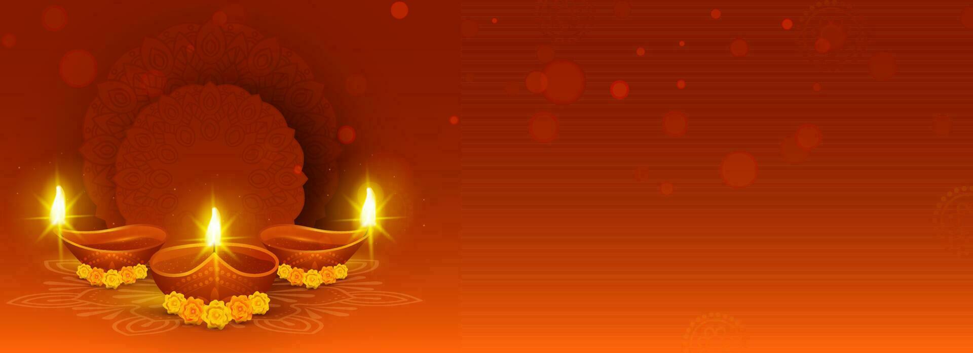 Realistic Burning Oil Lamps With Marigold Flowers, Empty Frame On Burnt Red And Orange Bokeh Blur Background. Happy Diwali Header or Banner Concept. vector