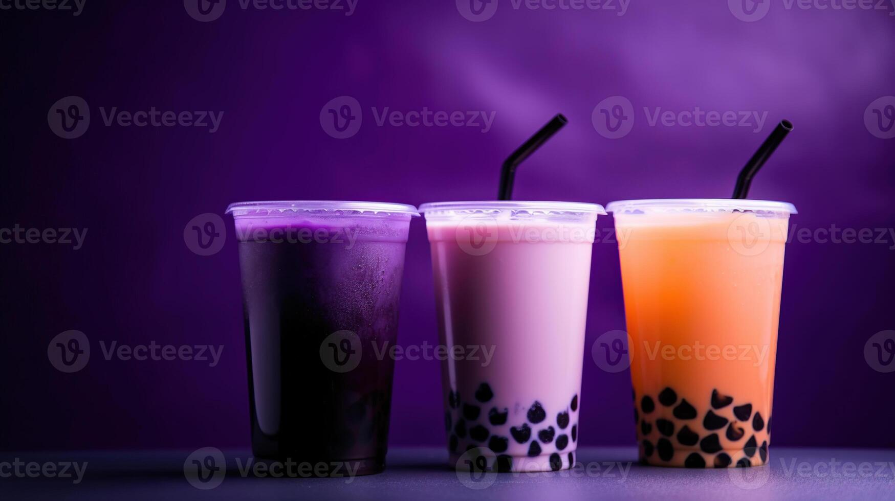 Tasty bubble tea on purple background, photo