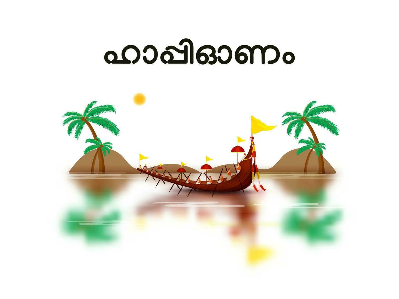 Happy Onam Celebration Concept With Aranmula Boat Race, Coconut Trees On White Background. vector