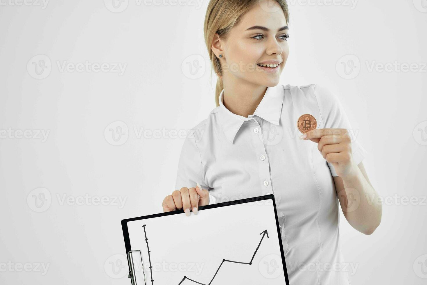 cheerful woman currency appreciation virtual money economy isolated background photo