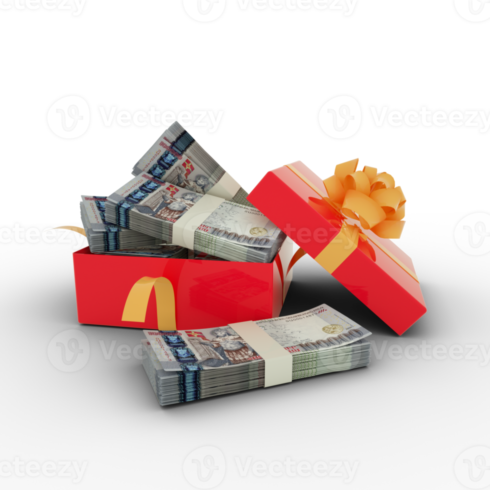 Stack of 100000 Armenian dram notes inside an open red gift box. Bundles of Armenian dram inside a gift box. 3d rendering of money inside box isolated on transparent background png