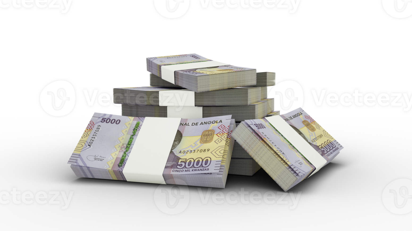 3d rendering of Stack of Angolan kwanza notes. bundles of Angolan currency notes isolated on transparent background png