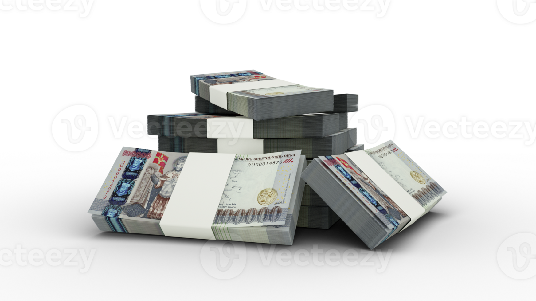 3d rendering of Stack of 100000 Armenian dram notes. bundles of Armenian currency notes isolated on transparent background png