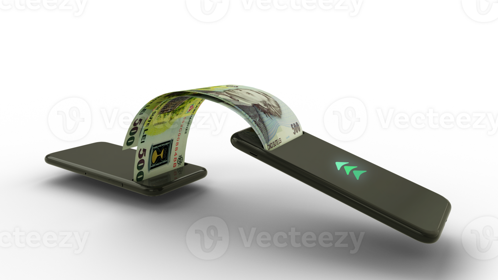 3D rendering of Romanian Leu notes transferring from one phone to another. mobile money transaction concept. money coming out of mobile phone png