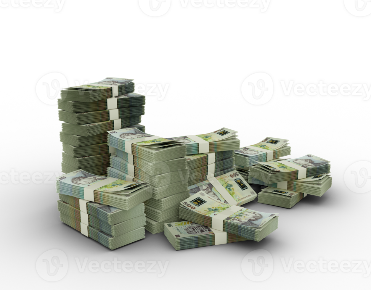 Stack of Romanian Leu notes. 3d rendering of bundles of money isolated on transparent background png