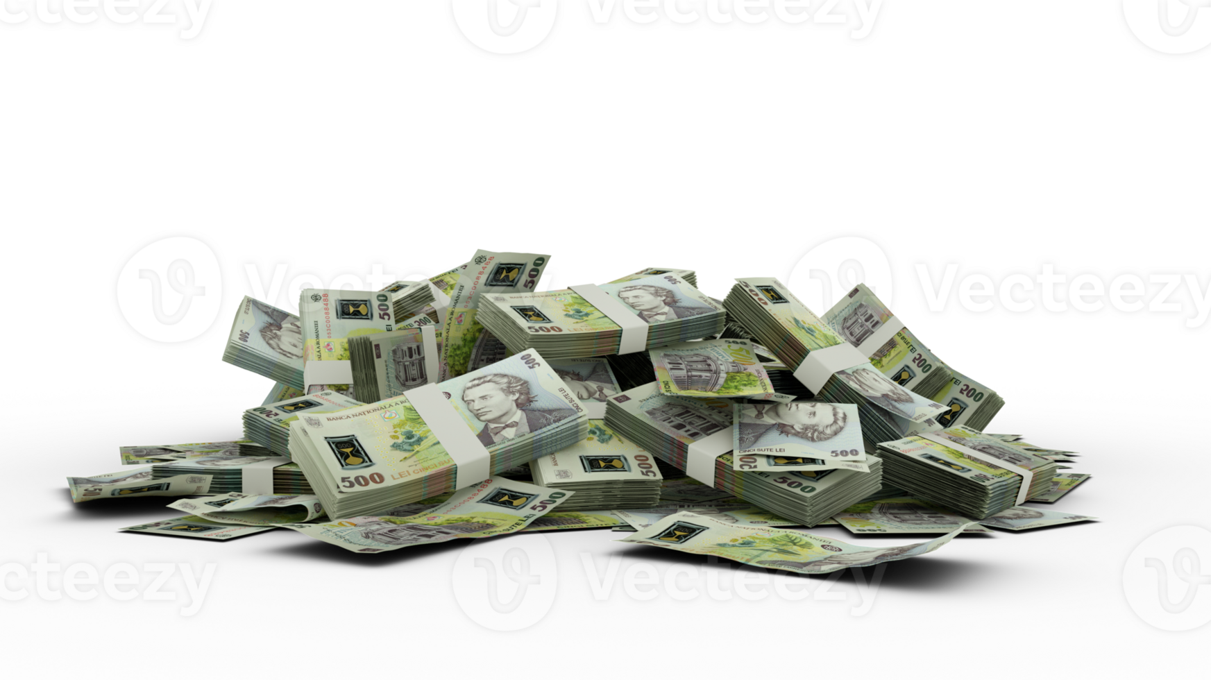 3D Stack of romanian leu notes isolated on transparent background png