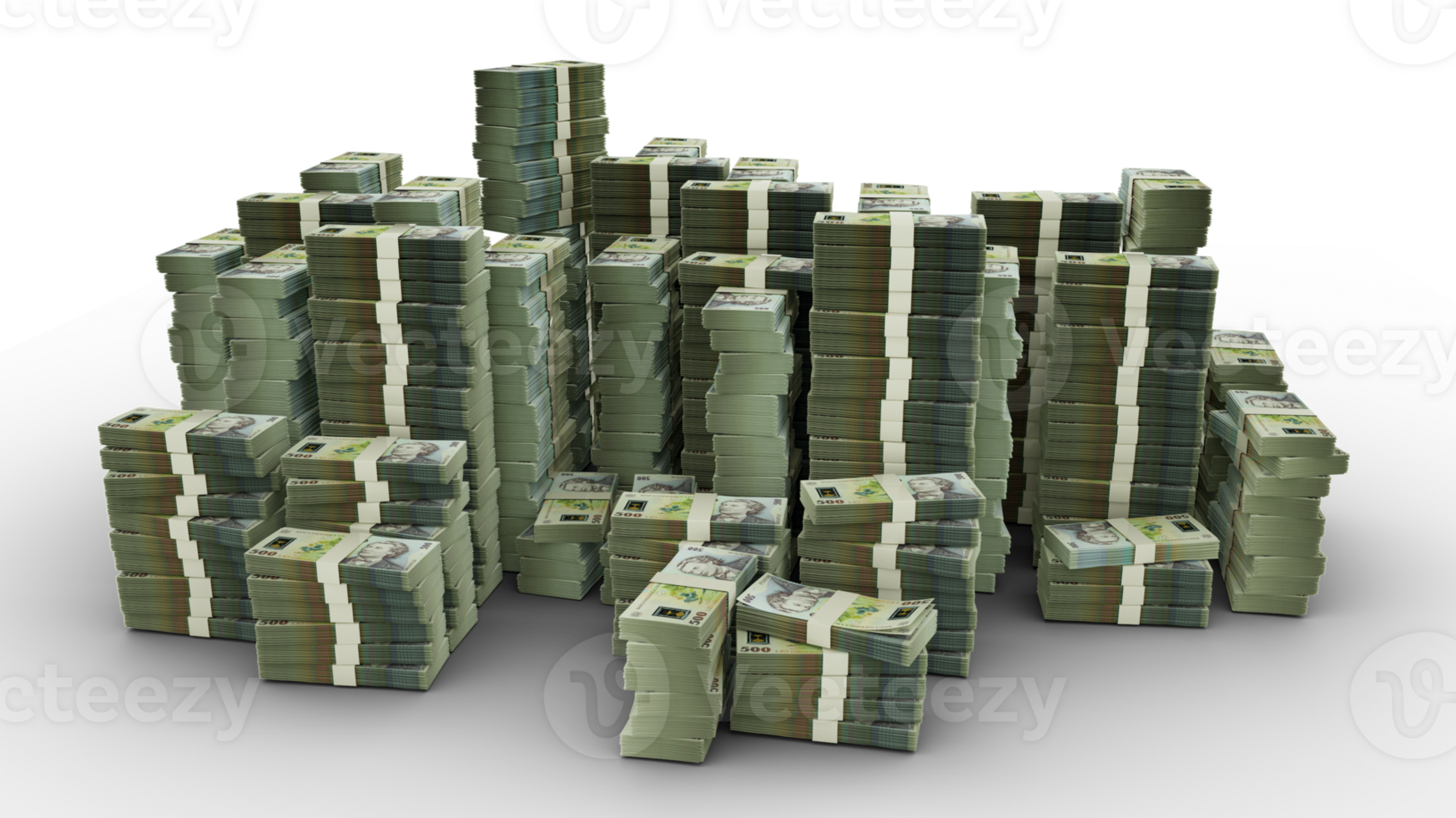Big stack of Romanian leu notes. A lot of money isolated on transparent background. 3d rendering of bundles of cash png
