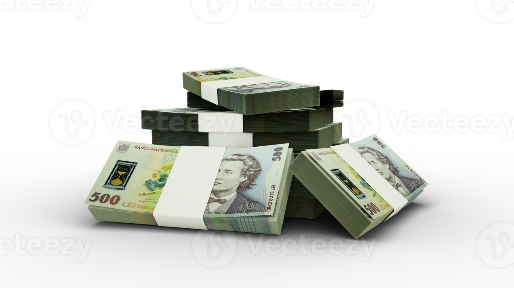 3d rendering of Stack of Romanian Leu notes. bundles of Romanian currency notes isolated on transparent background png