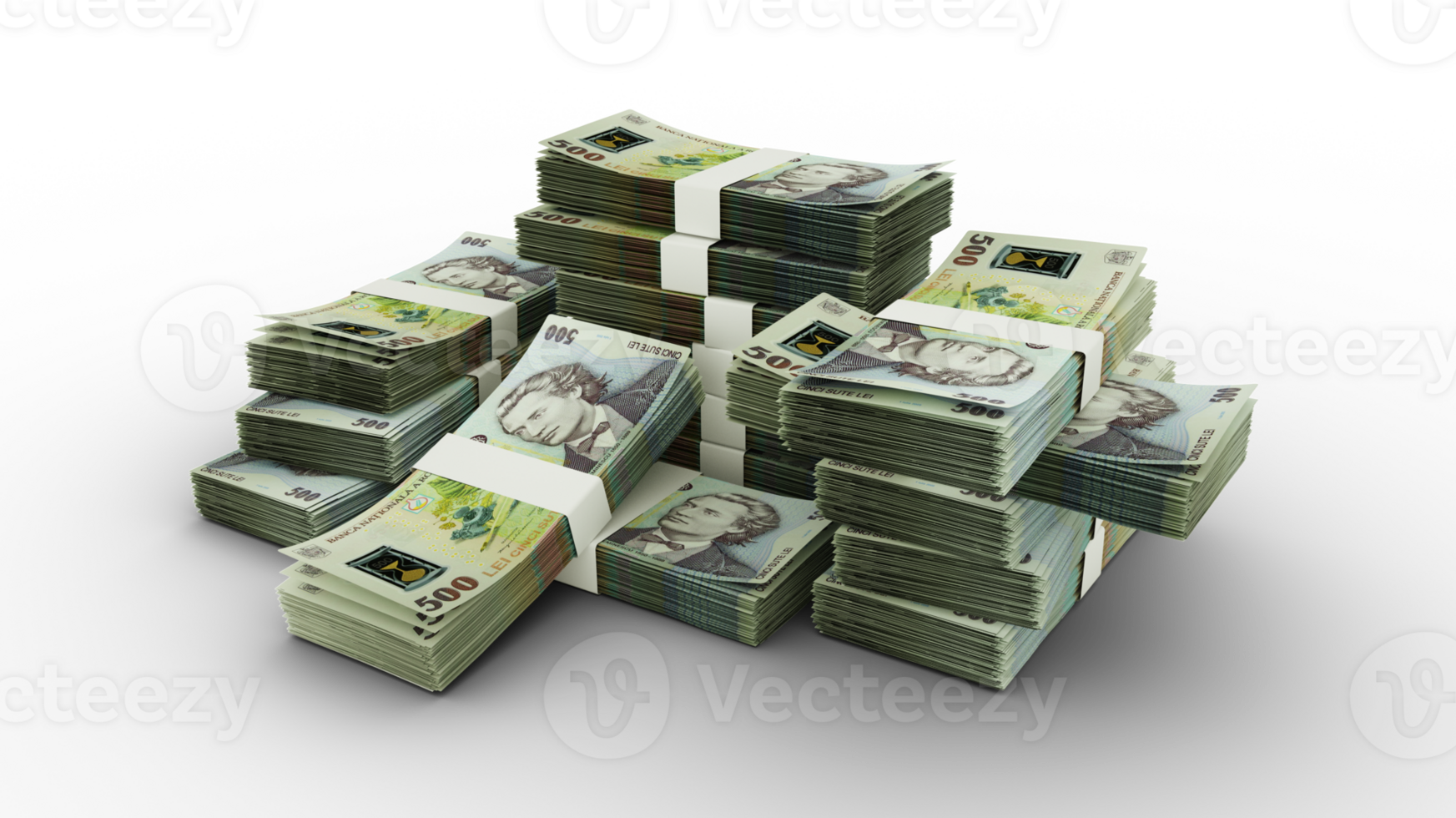 Stack of Romanian Leu notes. 3D rendering of bundles of banknotes png