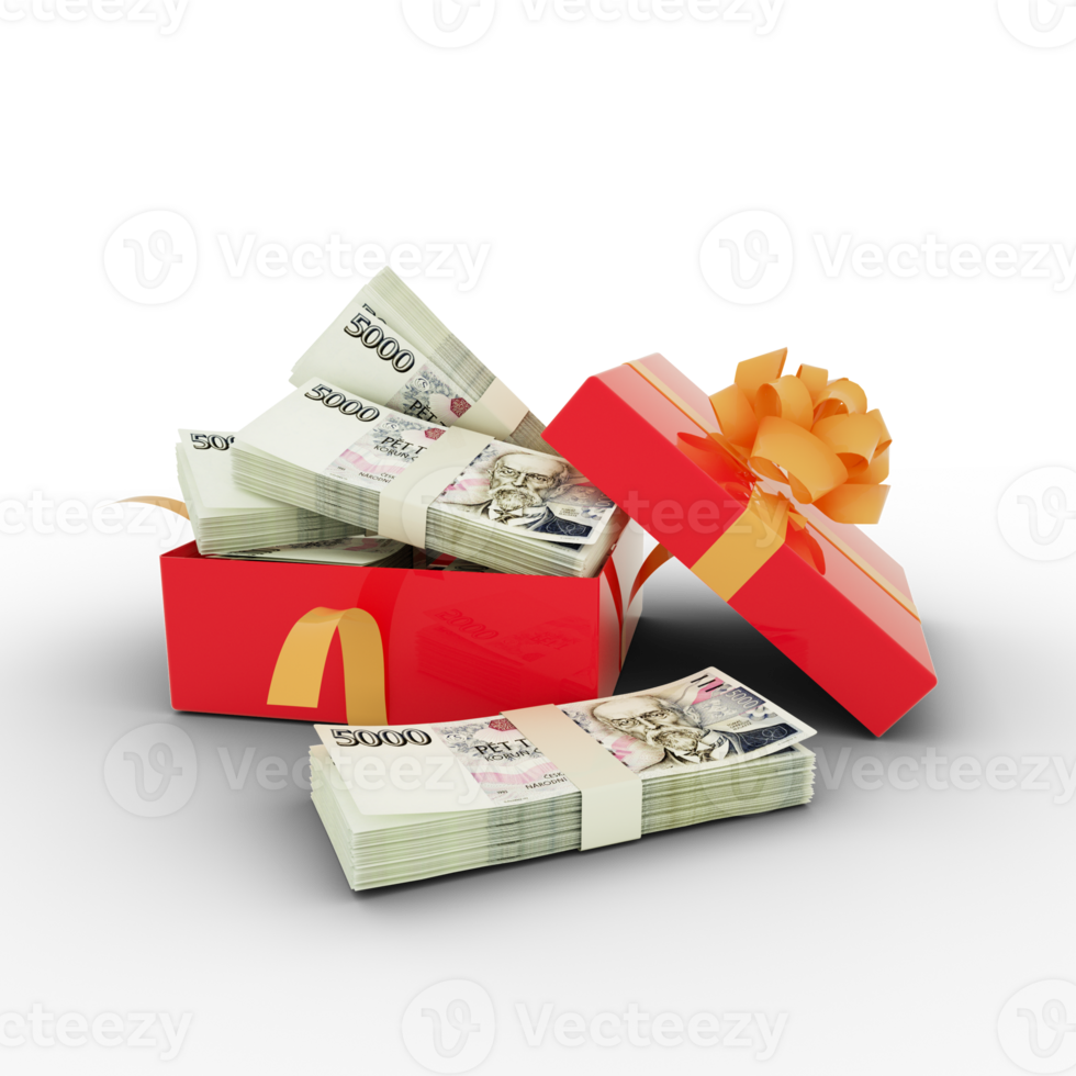 Stack of Czech Koruna notes inside an open red gift box. Bundles of Czech Koruna  inside a gift box. 3d rendering of money inside box isolated on transparent background png