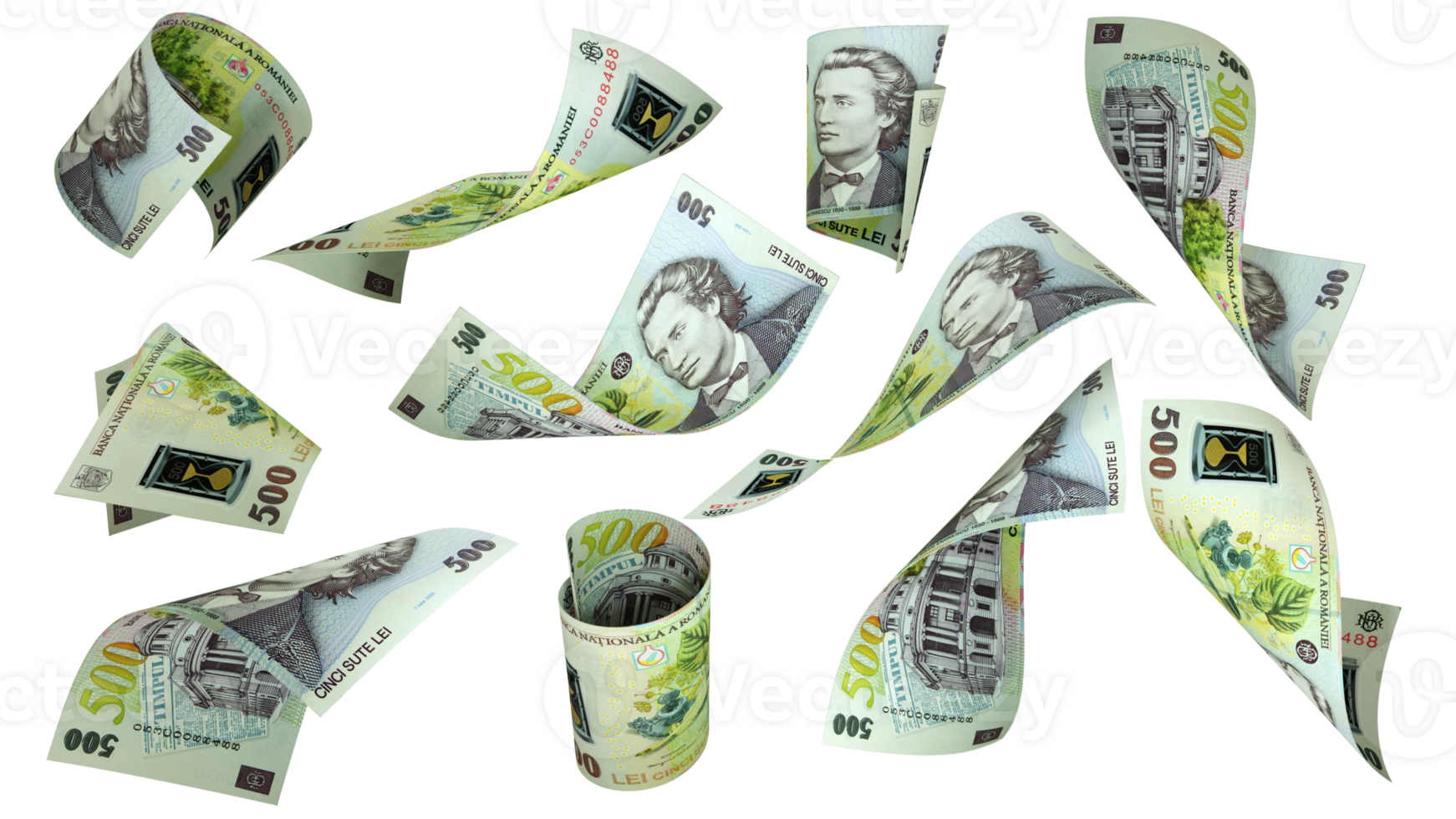 3D rendering of set of Romanian Leu notes flying in different angles and orientations isolated on transparent background png