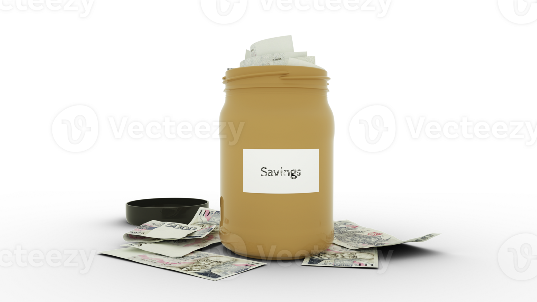 3D rendering of Czech Koruna notes in savings container. container filled to the top with Czech currency notes png