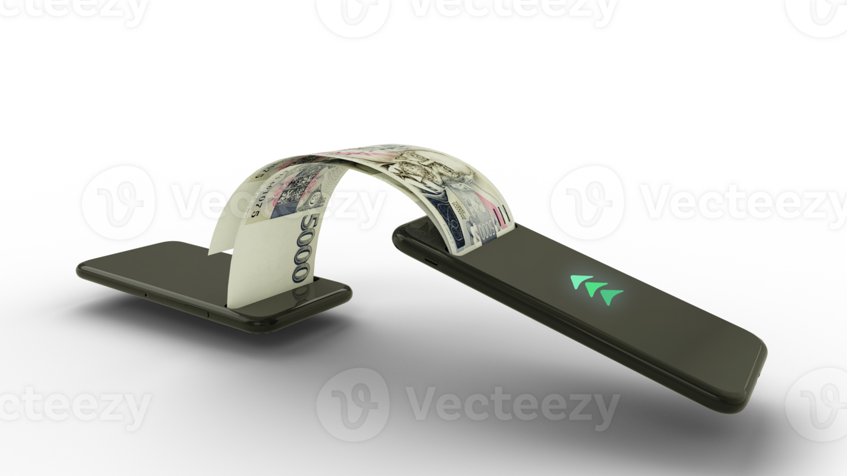 3D rendering of Czech Koruna notes transferring from one phone to another. mobile money transaction concept. money coming out of mobile phone png
