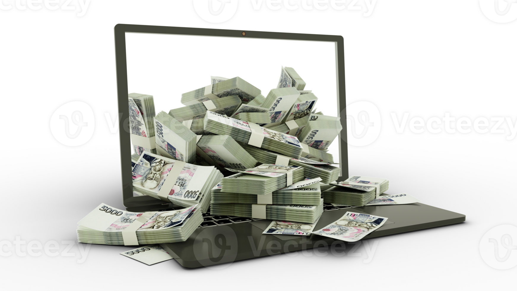 3D rendering of Venezuelan bolivar notes coming out of a Laptop monitor isolated on transparent background. stacks of Koruna notes inside a laptop. money from computer, money from laptop png