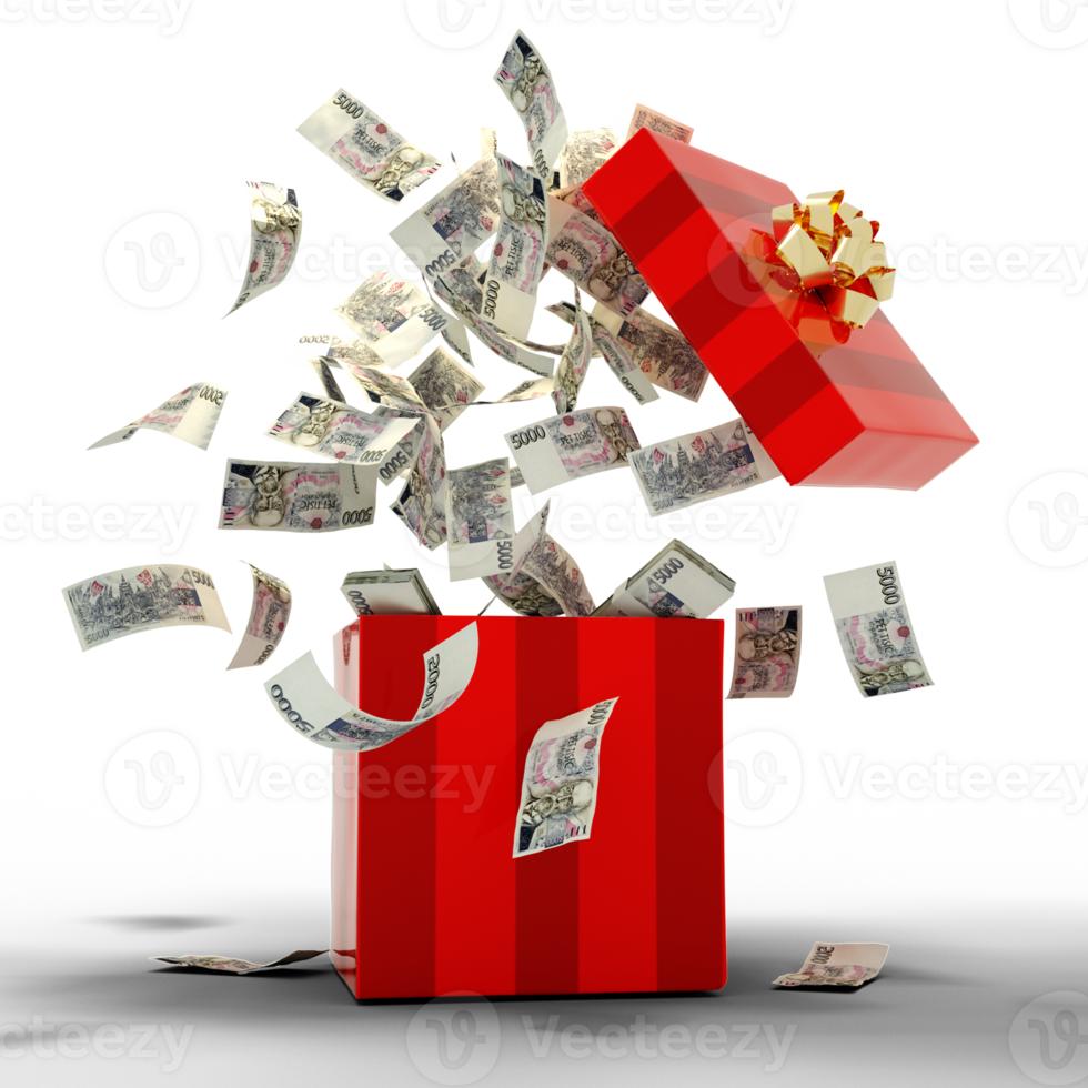 3D rendering of A lot of Czech Koruna notes coming out of an opened red gift box png