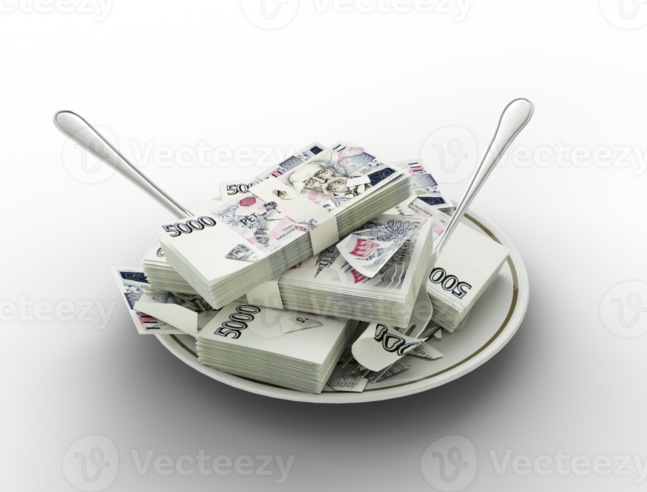 3D rendering of Czech Koruna notes on plate. Money spent on food concept. Food expenses, expensive meal, spending money concept. eating money, misuse of money png