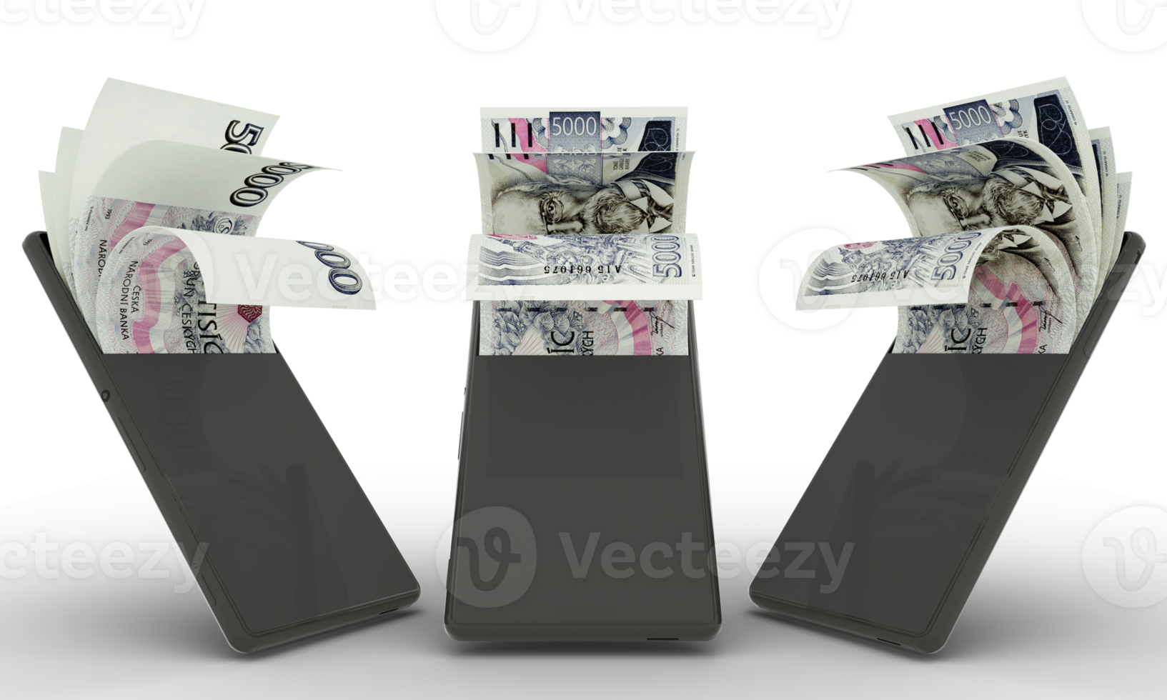 Czech Koruna notes inside a mobile phone. money coming out of mobile phone. 3d rendering of set of mobile money transaction concept. money from Phone png