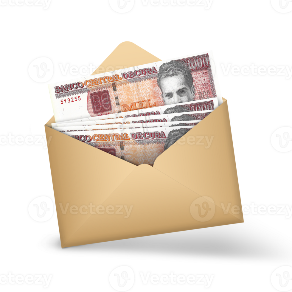 Cuban Peso notes inside an open brown envelope. 3D illustration of money in an open envelope png