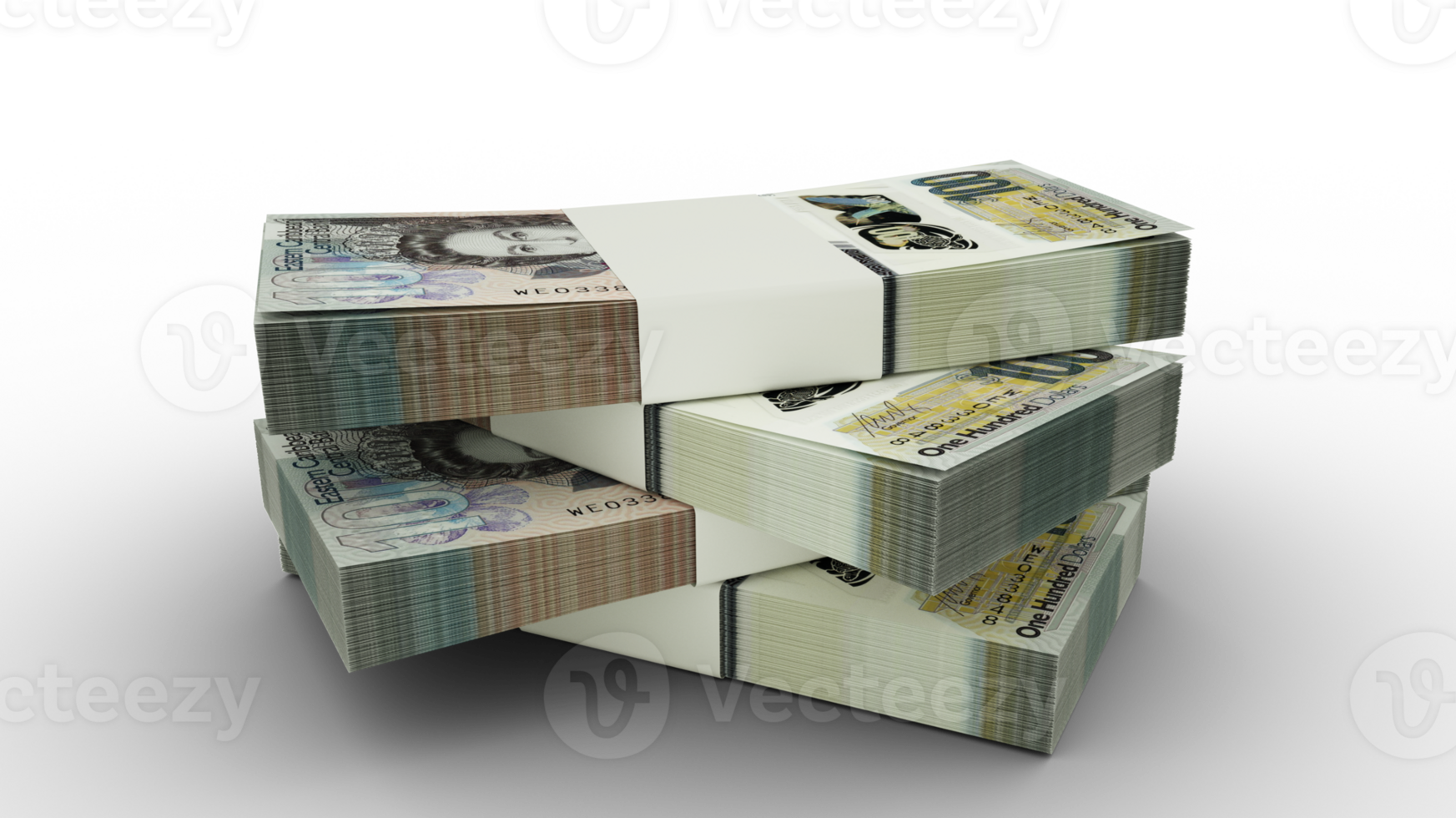 3d rendering of Stack of East Caribbean Dollar notes. Few bundles of East Caribbean currency isolated on transparent background png